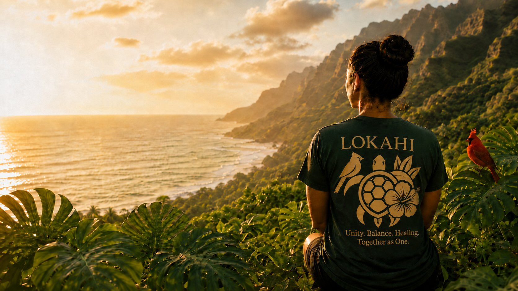 A woman looking out over the ocean at sunset, wearing a Lokahi shirt printed with the cardinal, turtle and hibiscus emblem and the words Unity. Balance. Healing. Together as One. A red cardinal is perched in the monstera leaves beside her